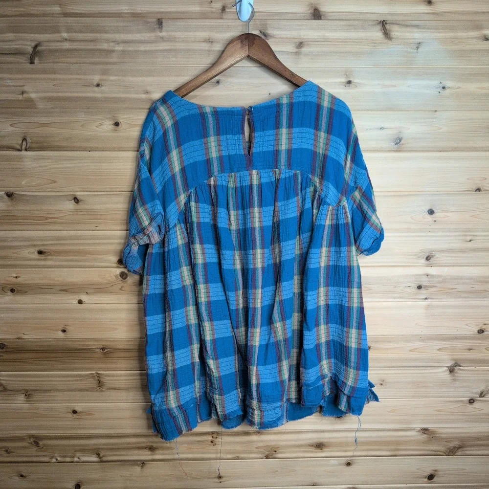 We The Free Free People Blue Plaid Cotton Gauze Babydoll Tunic Top Large